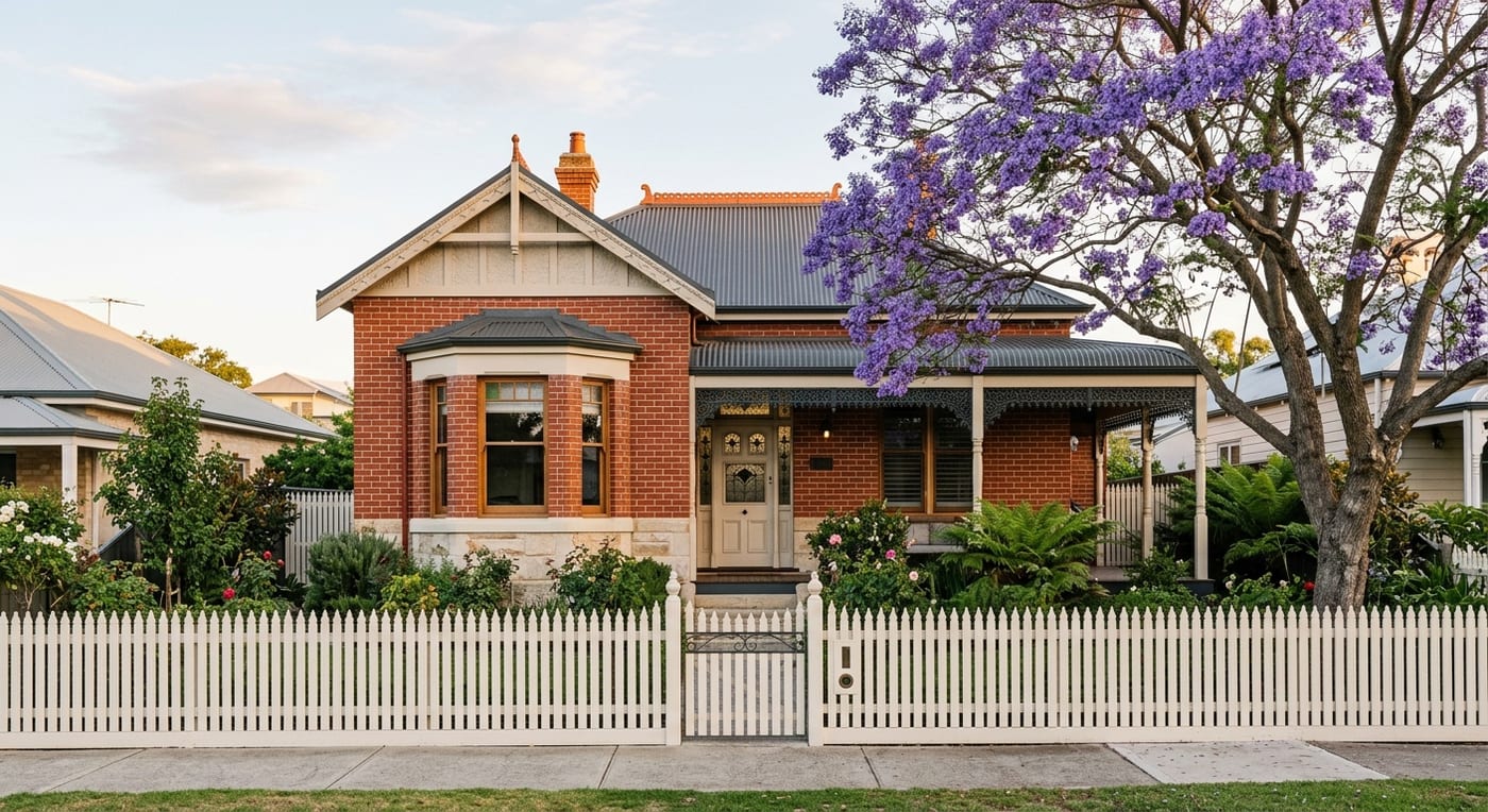 A renovated Federation cottage with a return verandah and a jacaranda in the front garden, golden hour