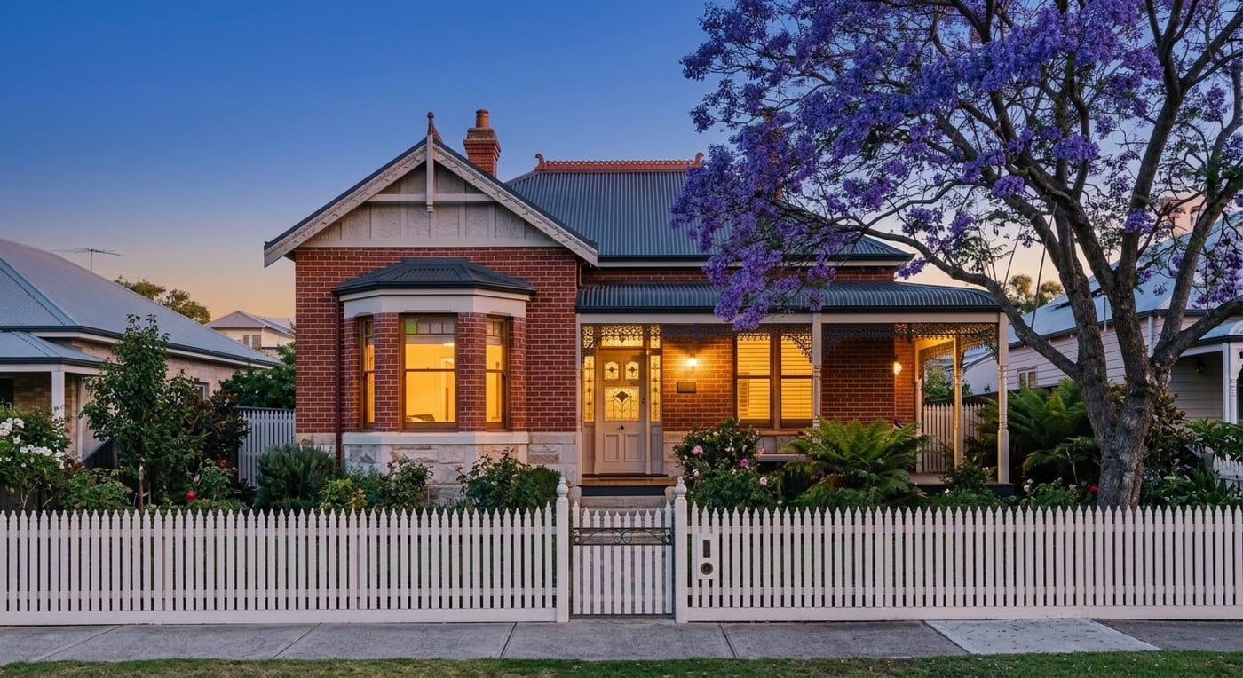The same Federation cottage after sunset with the windows lit