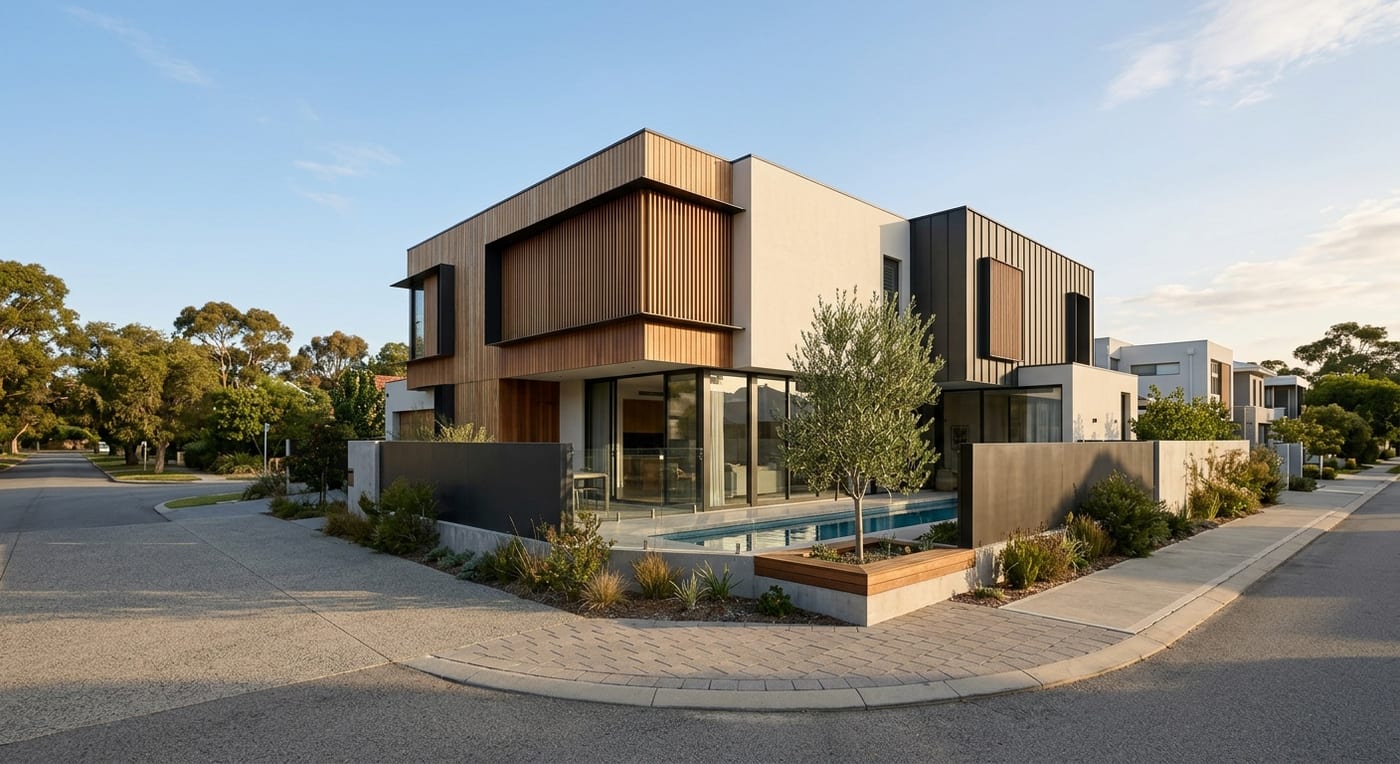 An architect-designed two-storey home in timber and white render with a lap pool, late afternoon