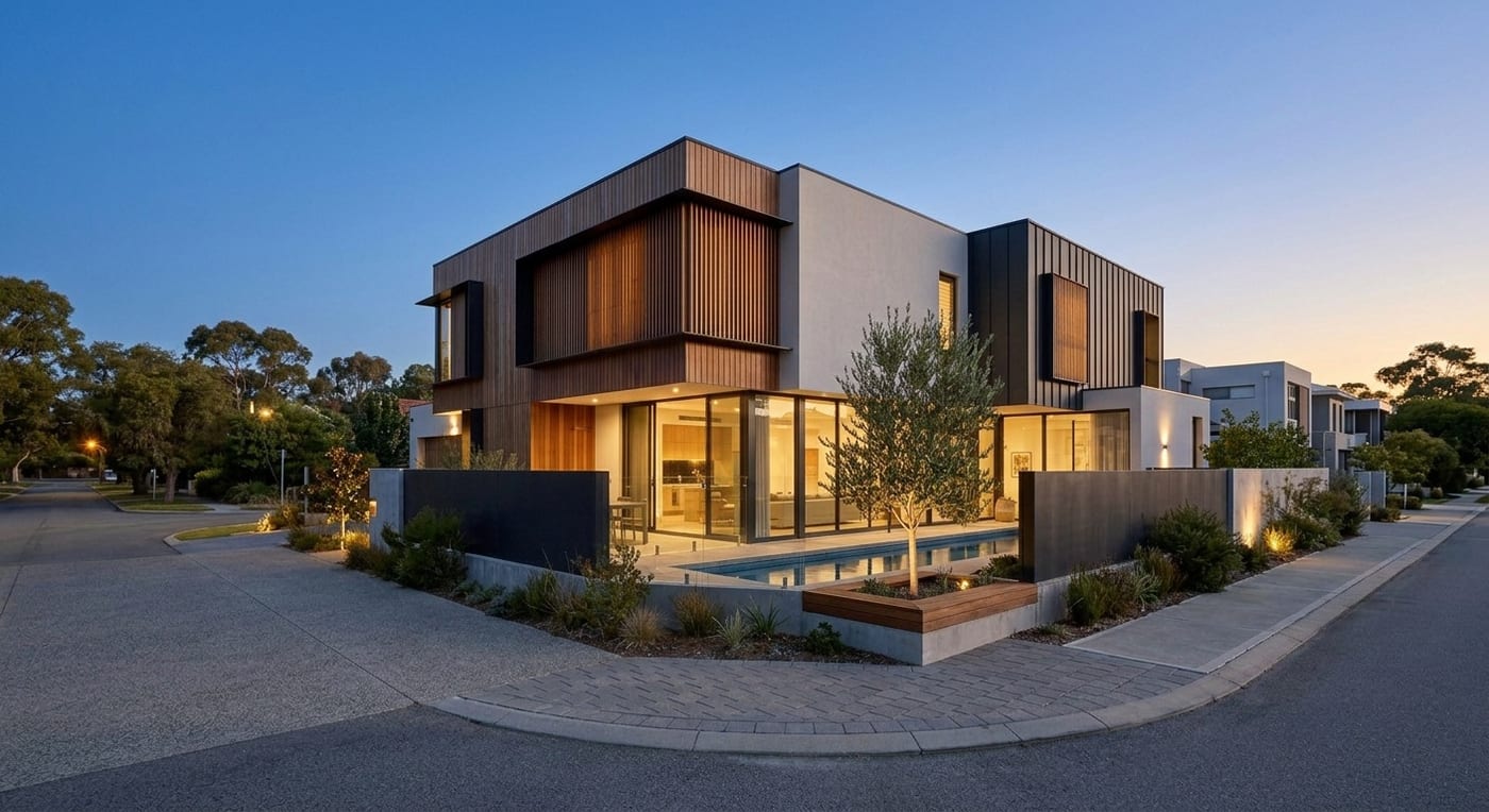 The same modern home at dusk with the interior glowing through the glazing