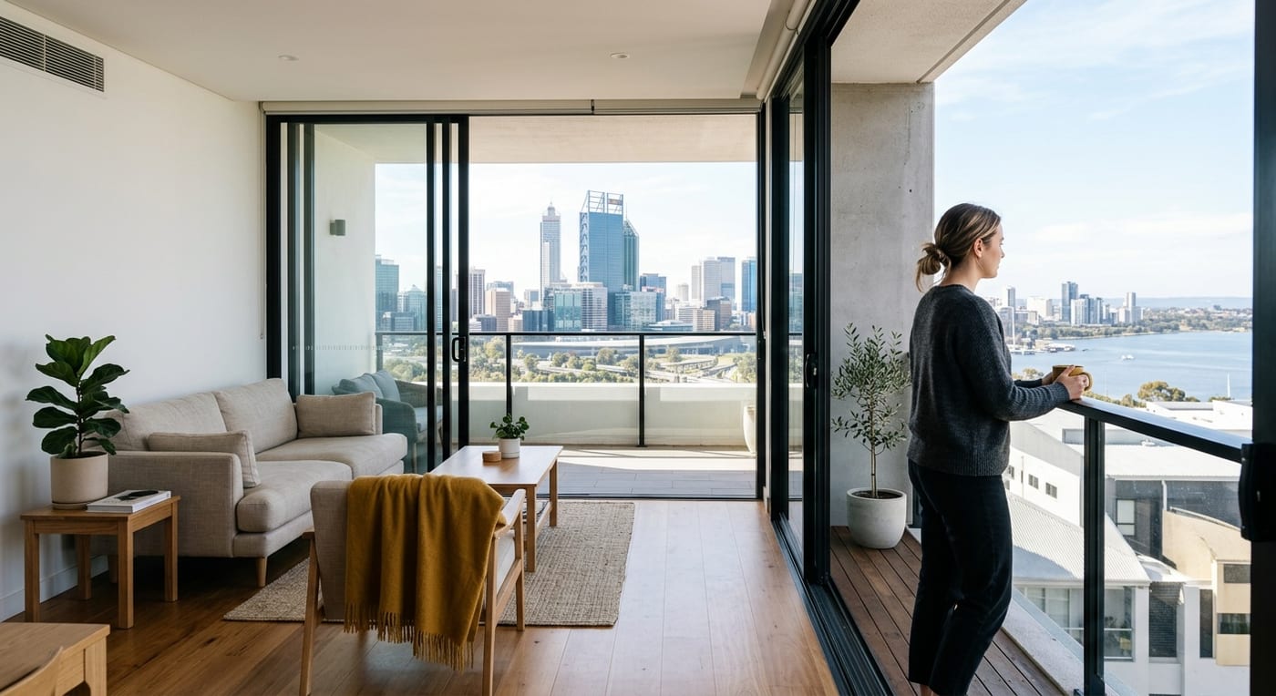 An inner-city apartment living room opening onto a balcony with the Perth skyline beyond