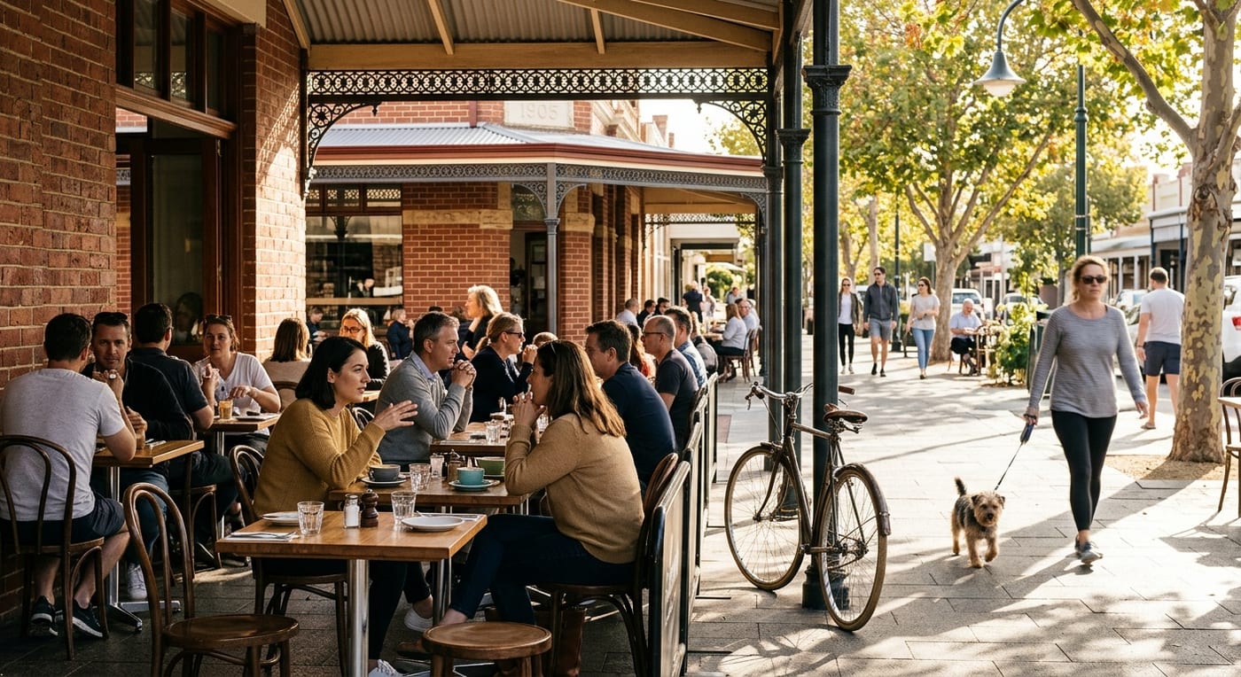 A cafe strip in Subiaco on a weekend morning, people at outdoor tables under a heritage verandah